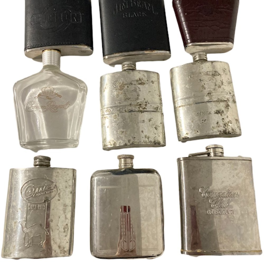 Vintage Liquor Flasks Lot Stainless Glass Crown Royal Jim Beam Camel Ciclon
